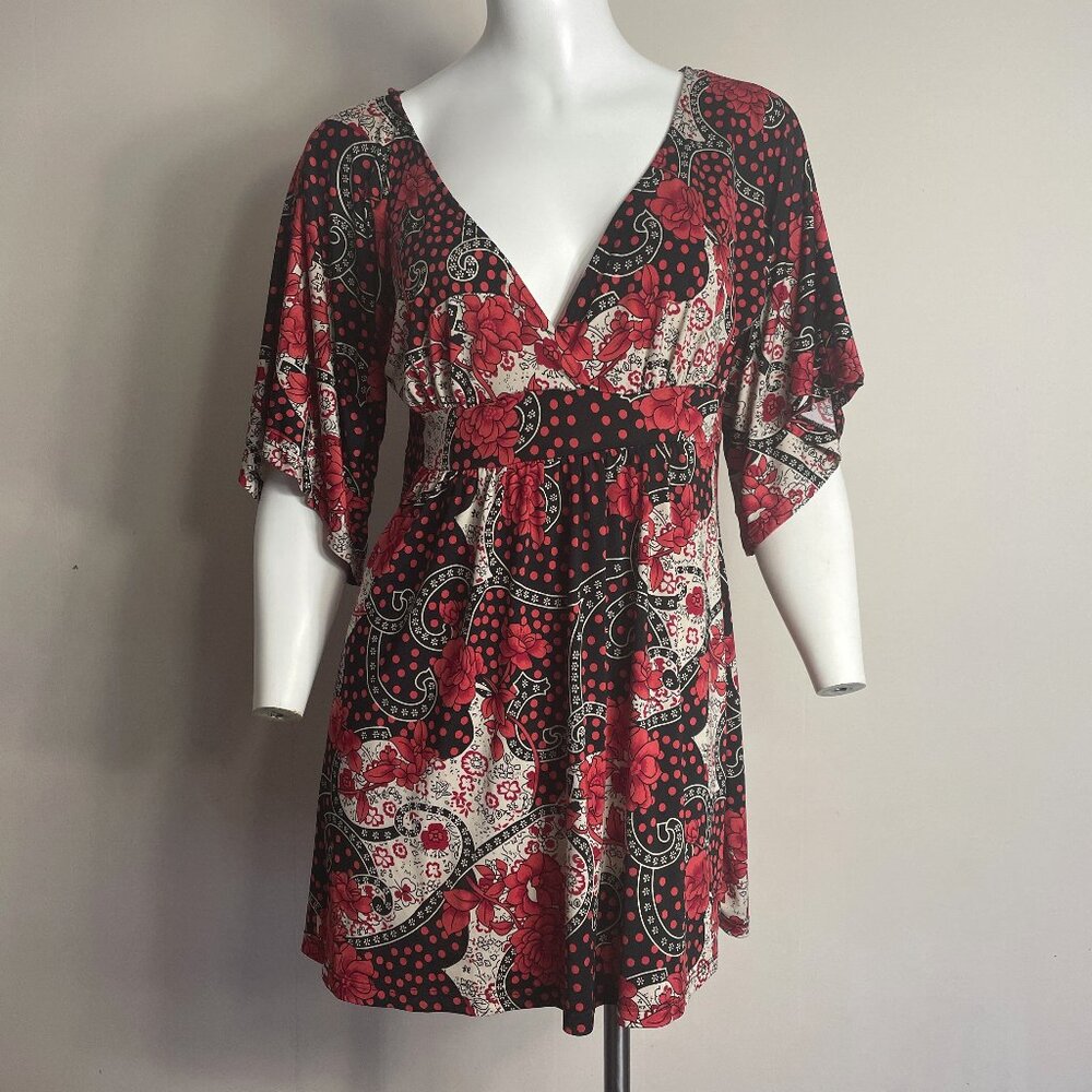 Vintage Y2K Body Central Top Medium Red Black Babydoll Floral Dot Whimsigoth